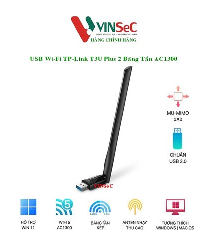 Thu WiFi TP-Link Archer T3U Plus USB Độ Lợi Cao Băng Tần Kép AC1300 - Hàng Chính Hãng