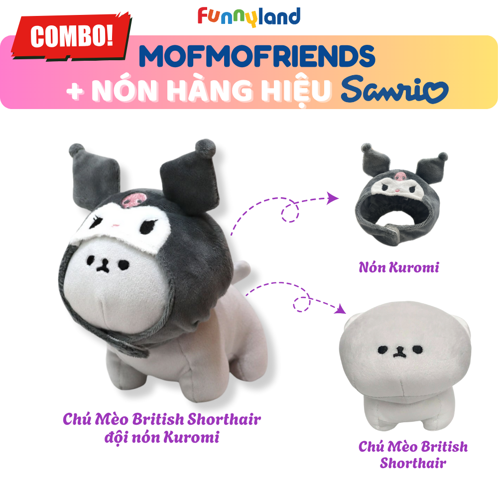 Chú Mèo British Shorthair Size S đội nón Kuromi - Thú Bông Mofmo Friends x Nón Hàng Hiệu Sanrio