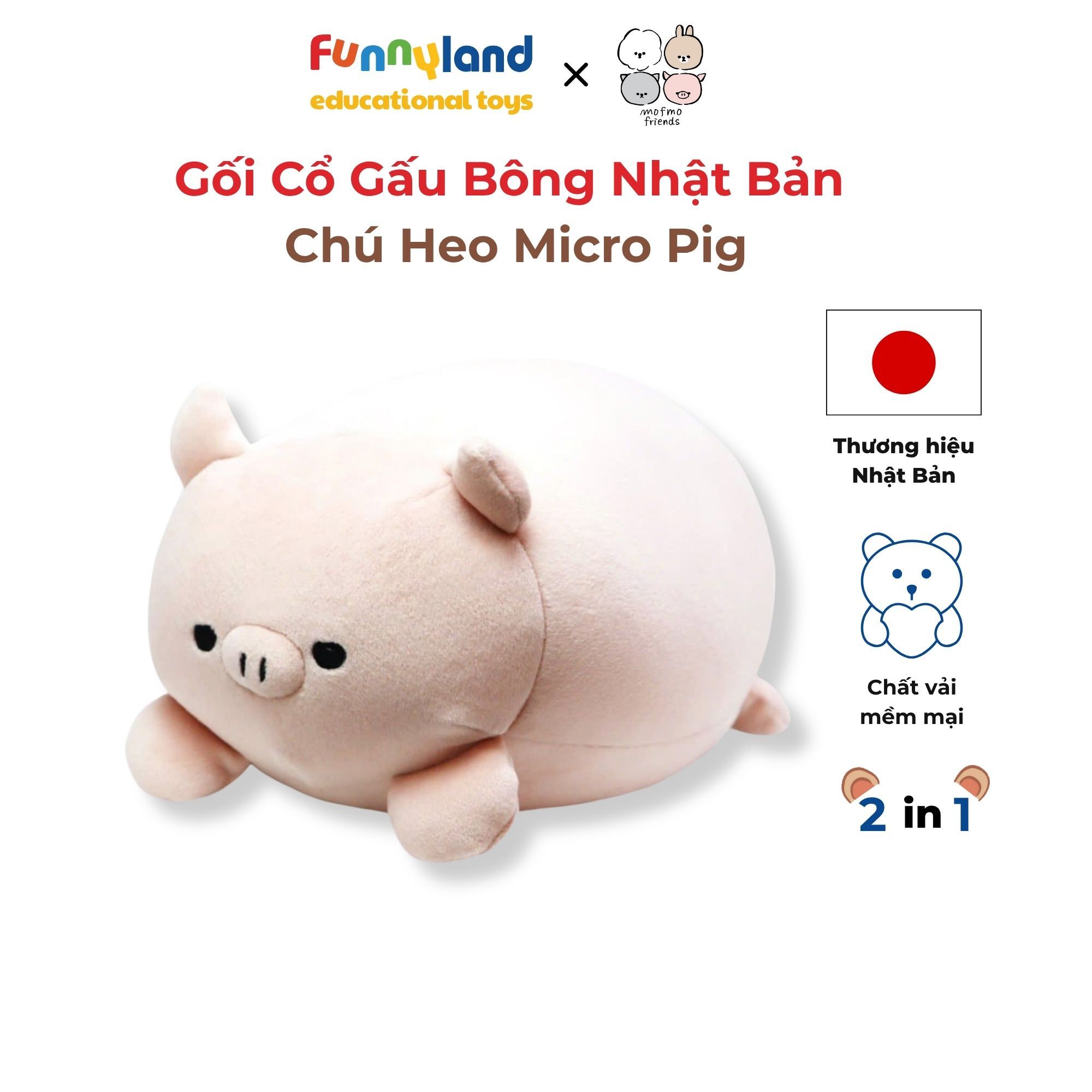 Gối Cổ Thú Bông Chú Heo Micro Pig 2in1 - Reversible Neck Pillow Mofmo Friends Nhật Bản