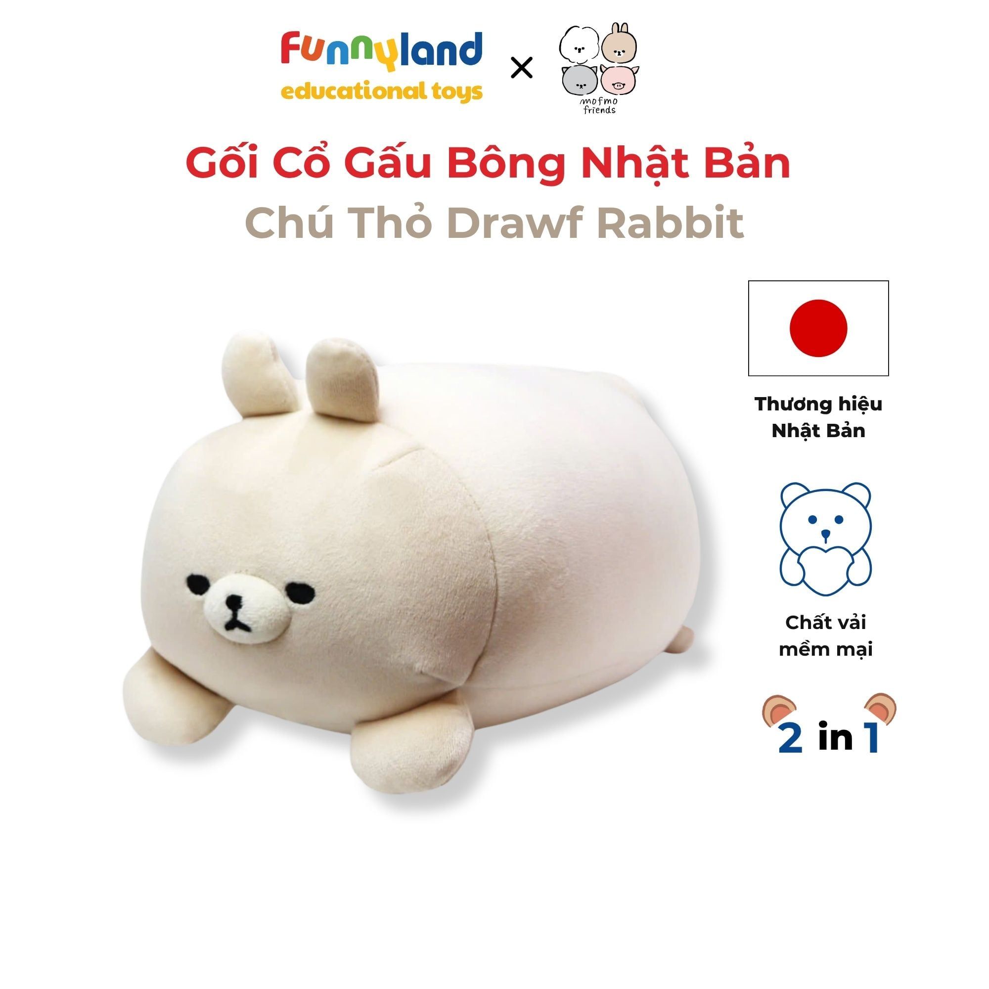 Gối Cổ Thú Bông Chú Thỏ Lùn Drawf Rabbit 2in1 - Reversible Neck Pillow Mofmo Friends Nhật Bản