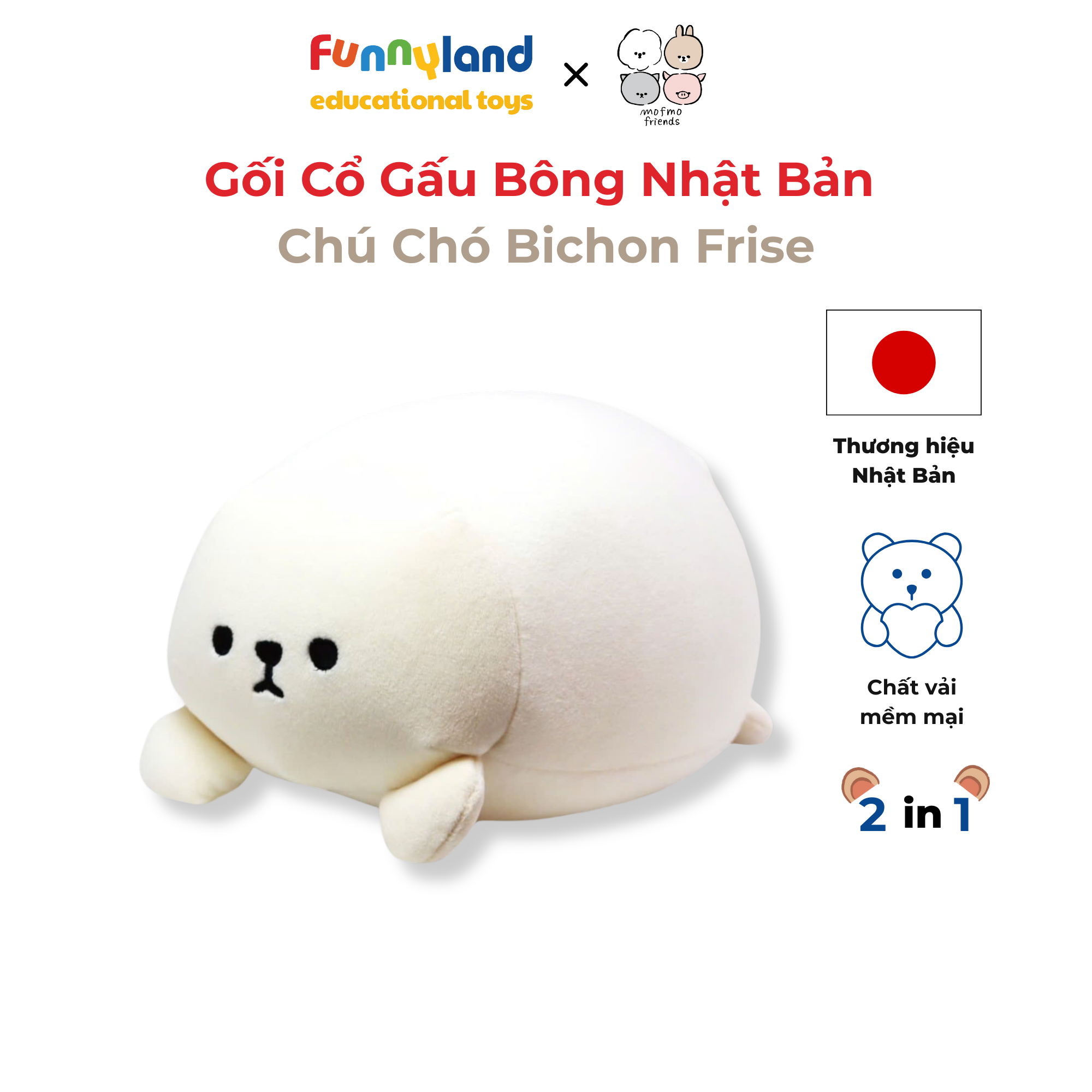 Gối Cổ Thú Bông Chú Chó Bichon Frise 2in1 - Reversible Neck Pillow Mofmo Friends Nhật Bản