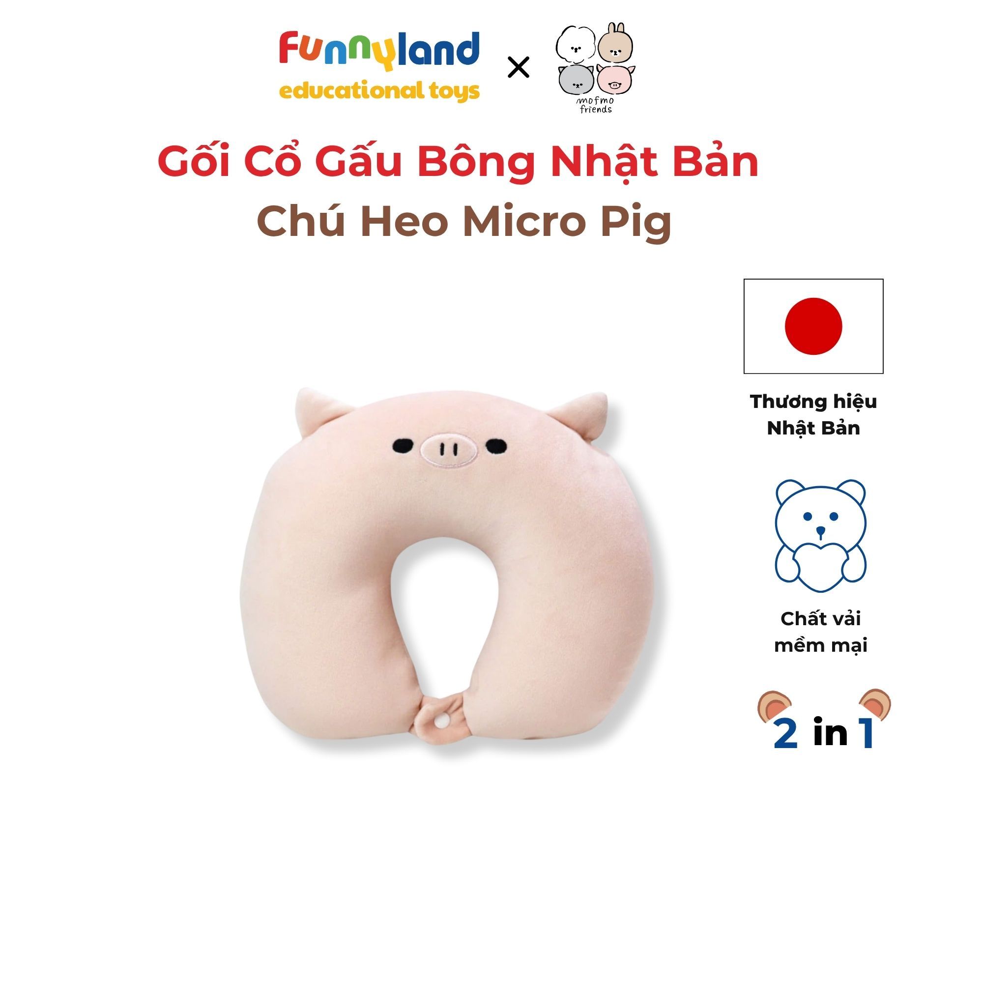 Gối Cổ Thú Bông Chú Heo Micro Pig 2in1 - Reversible Neck Pillow Mofmo Friends Nhật Bản
