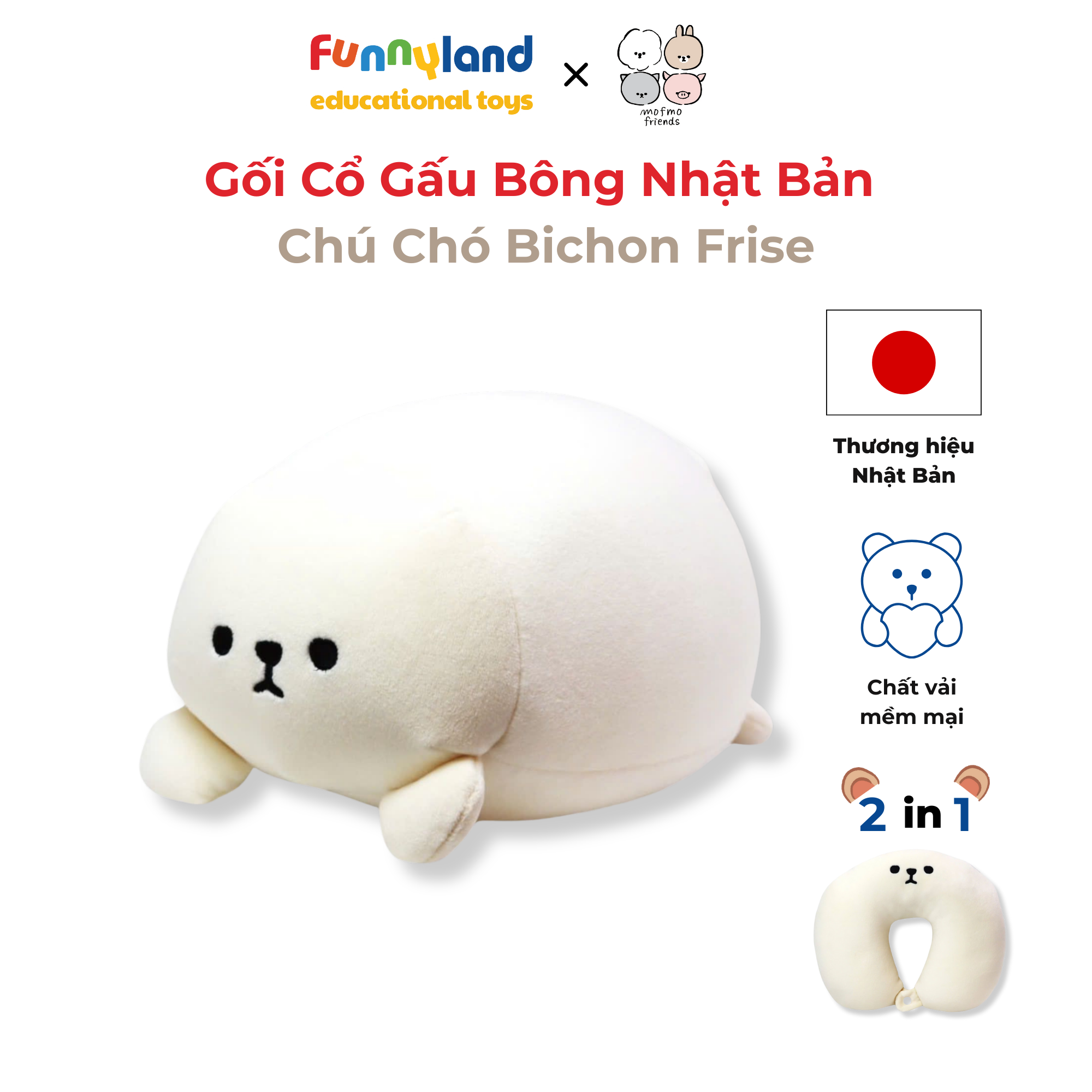 Gối Cổ Thú Bông Chú Chó Bichon Frise 2in1 - Reversible Neck Pillow Mofmo Friends Nhật Bản