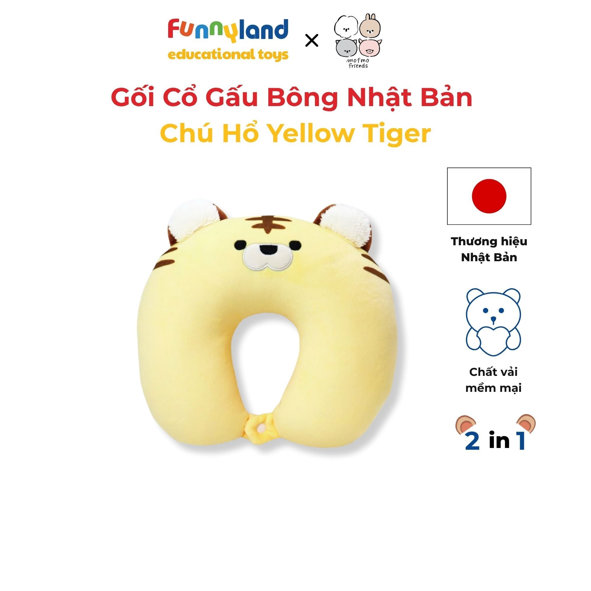 Gối Cổ Thú Bông Chú Hổ Yellow Tiger 2in1 - Reversible Neck Pillow Mofmo Friends Nhật Bản