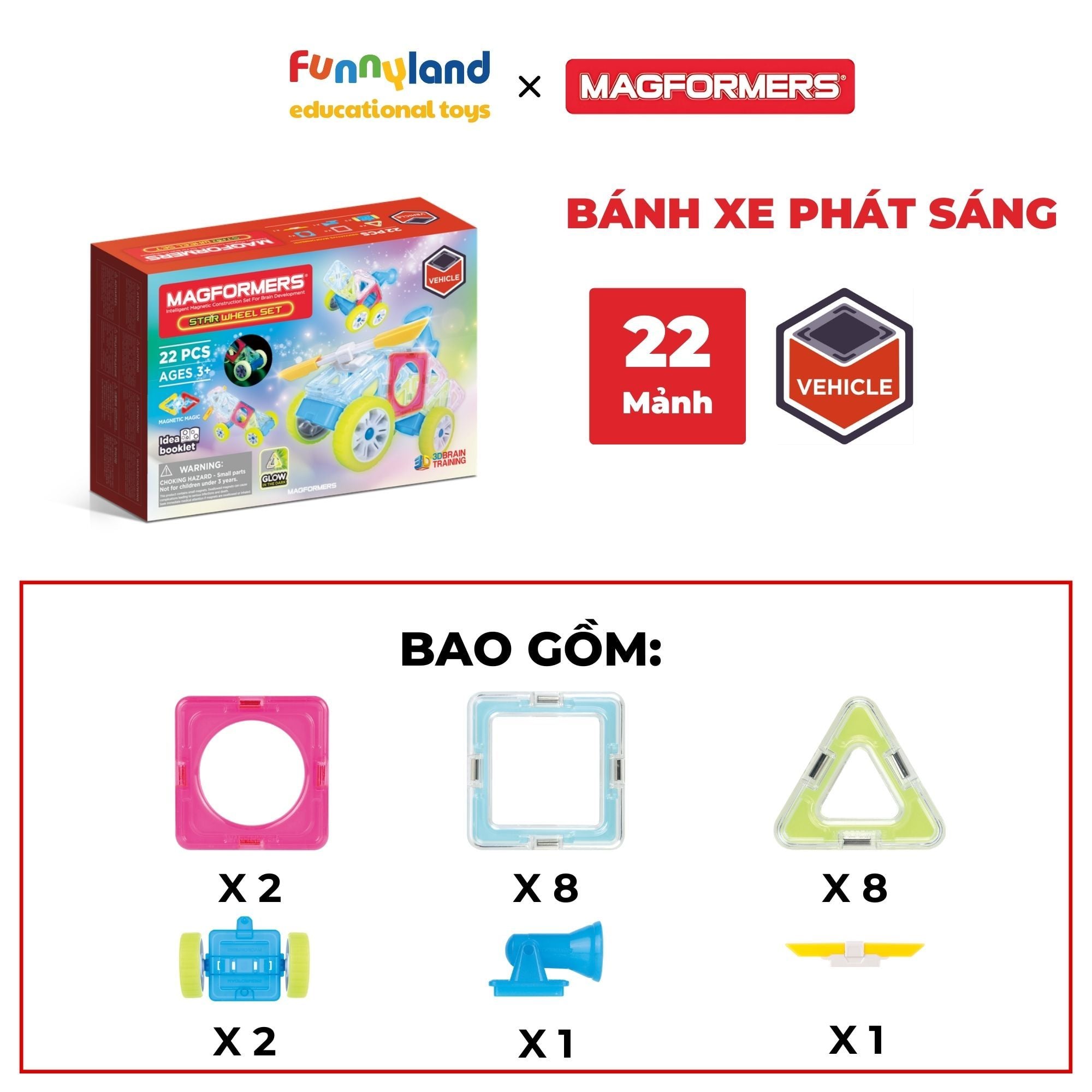 Đồ chơi xếp hình nam châm Hàn Quốc Magformers Bánh xe phát sáng 22 mảnh