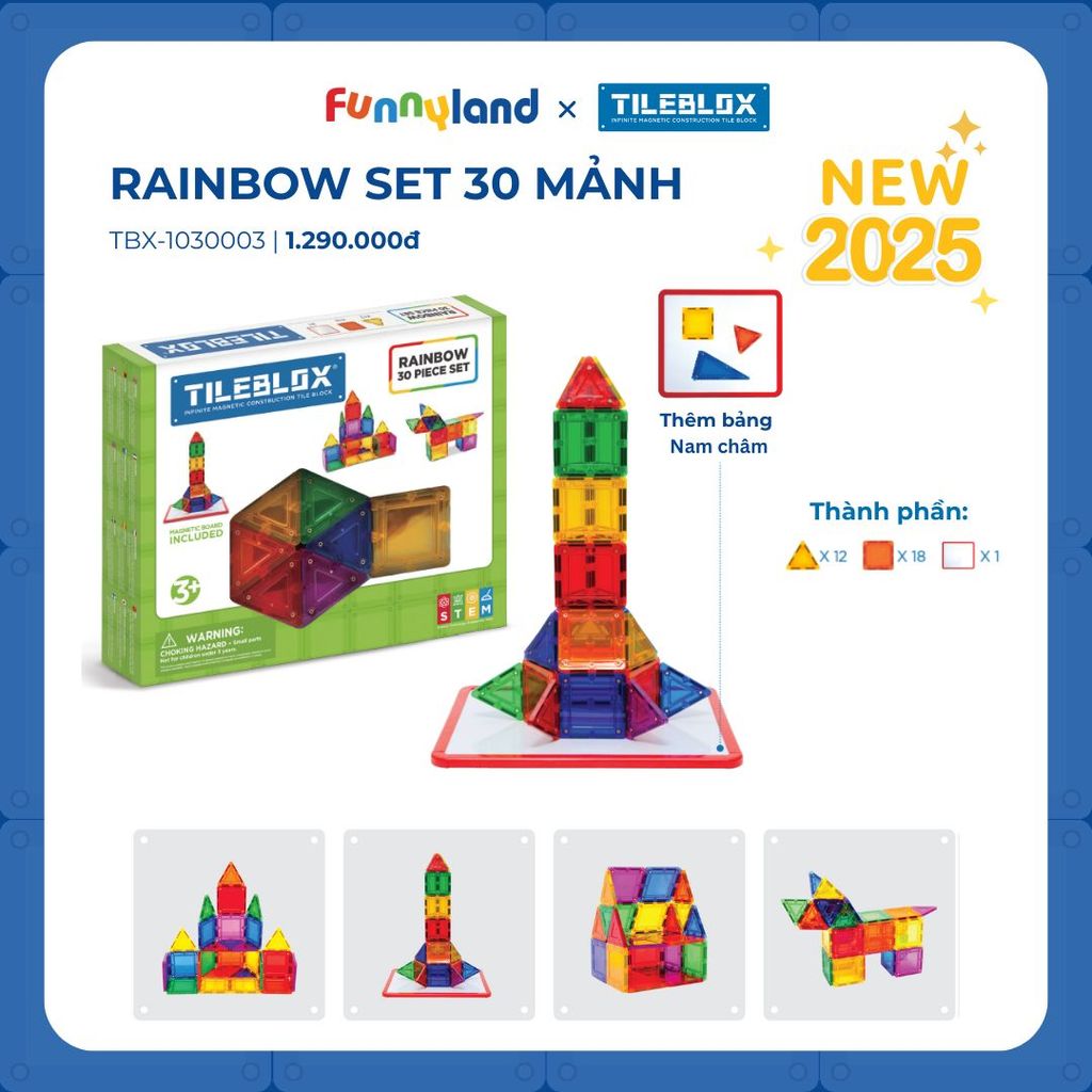 Đồ chơi xếp hình nam châm Hàn Quốc TILEBLOX Rainbow 30 mảnh