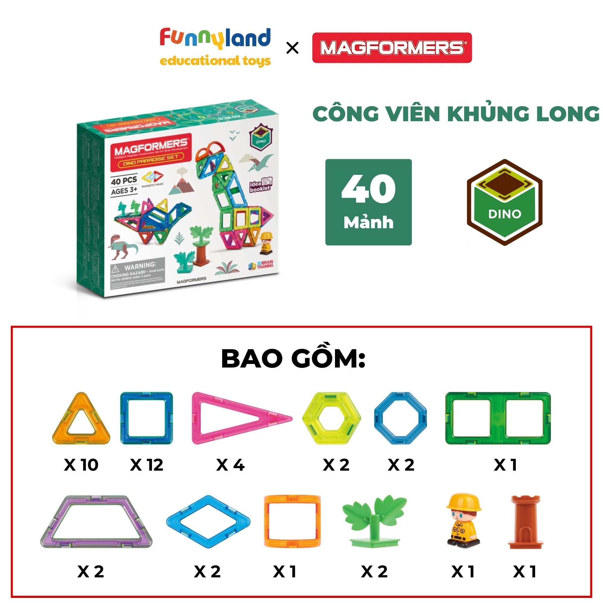 Đồ chơi xếp hình nam châm Hàn Quốc Magformers Công viên khủng long 40 mảnh