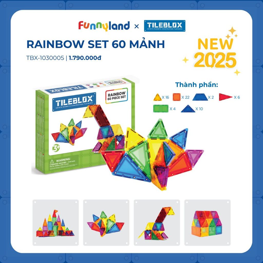 Đồ chơi xếp hình nam châm Hàn Quốc TILEBLOX Rainbow 60 mảnh
