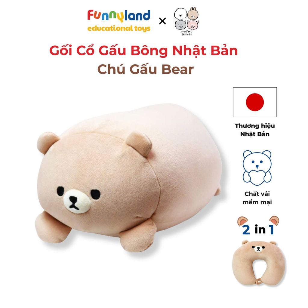 Gối Cổ Thú Bông Chú Gấu Bear 2in1 - Reversible Neck Pillow Mofmo Friends Nhật Bản
