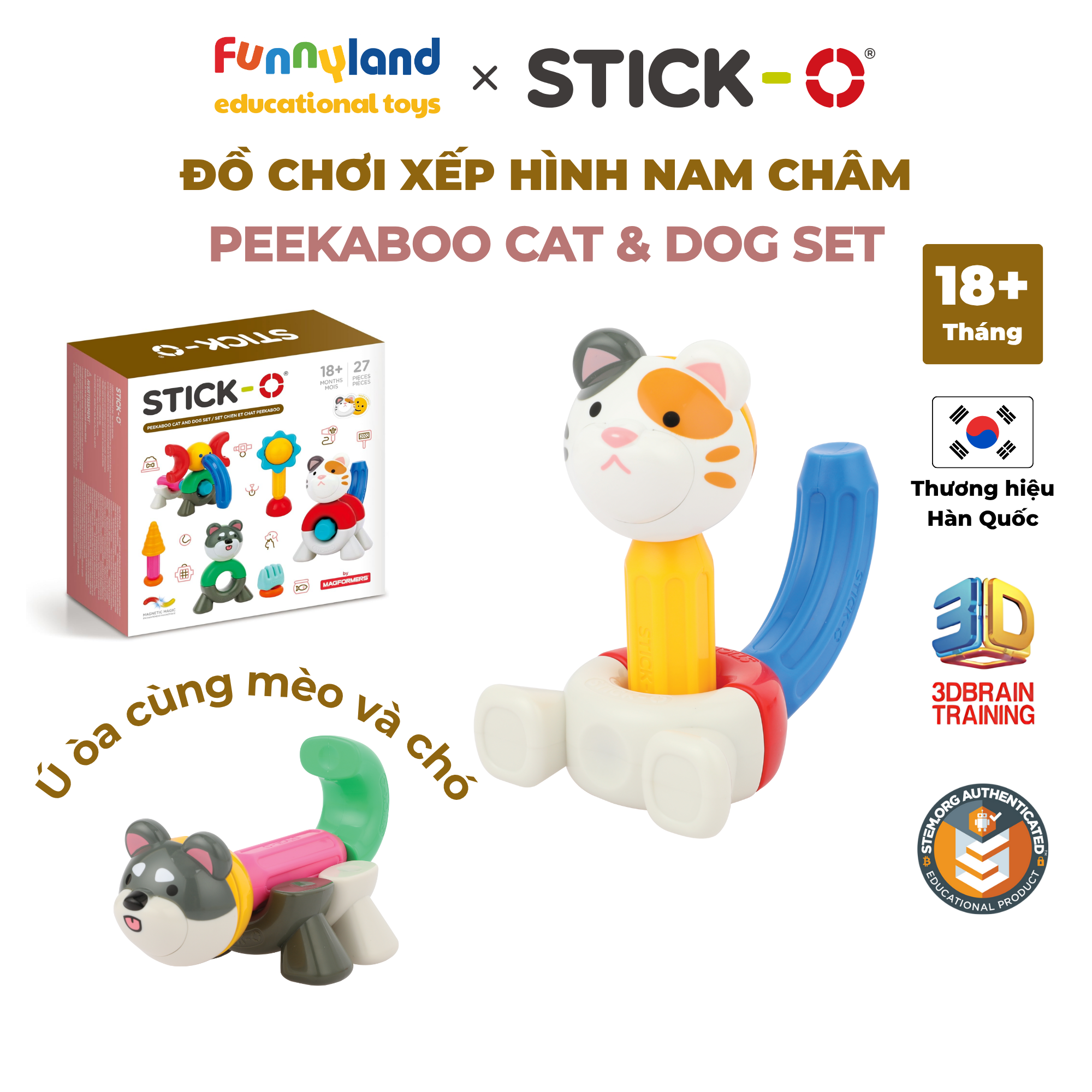 Đồ chơi xếp hình nam châm Hàn Quốc Stick-O PEEKABOO CAT & DOG SET