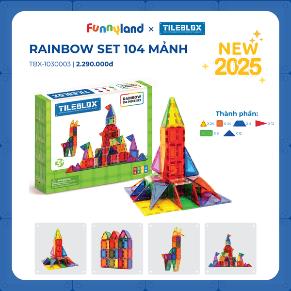 Đồ chơi xếp hình nam châm Hàn Quốc TILEBLOX Rainbow 104 mảnh