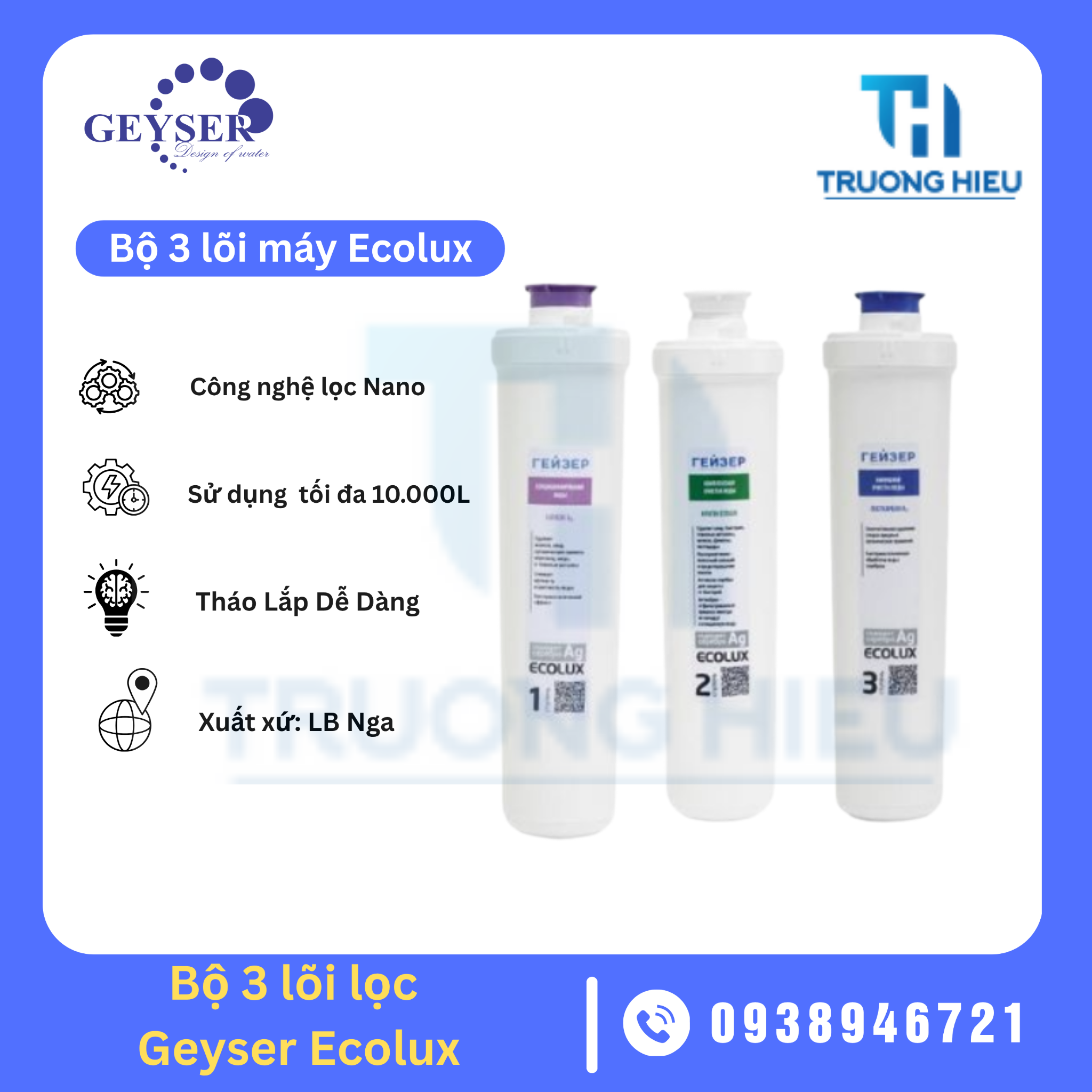 BỘ 3 LÕI LỌC MÁY LỌC NƯỚC NANO GEYSER ECOLUX