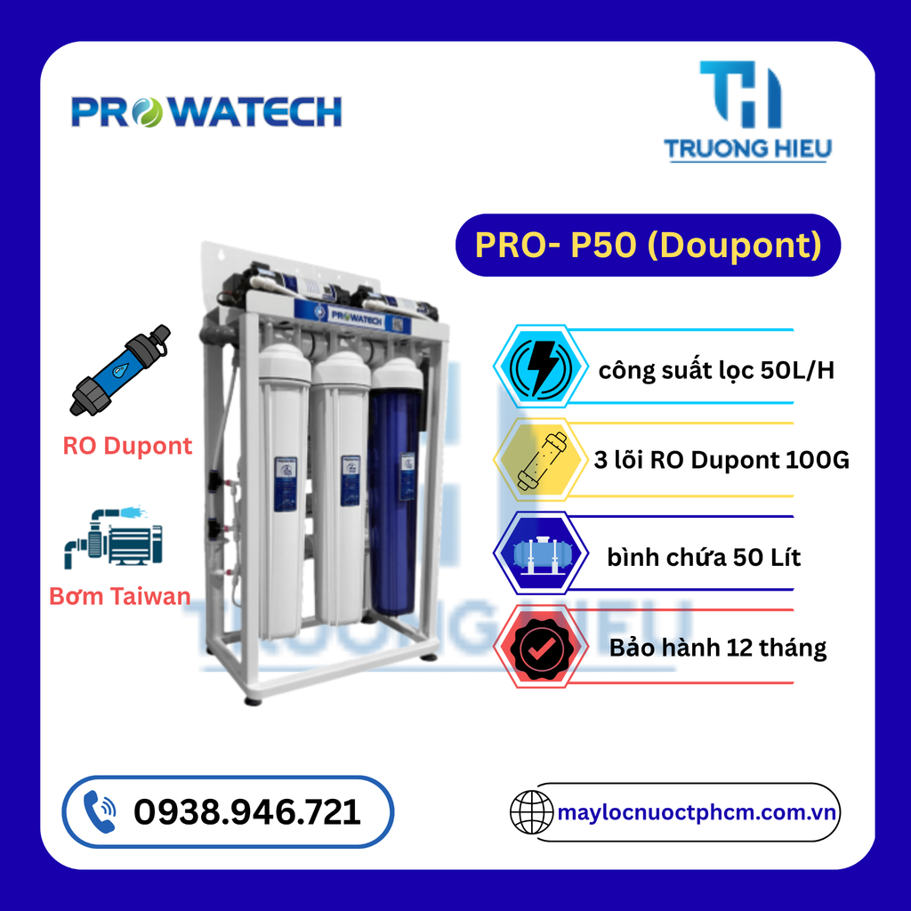 MÁY LỌC NƯỚC BÁN CÔNG NGHIỆP PROWATECH 50L/h (Cấu Hình RO Dupont, Bơm Taiwan)
