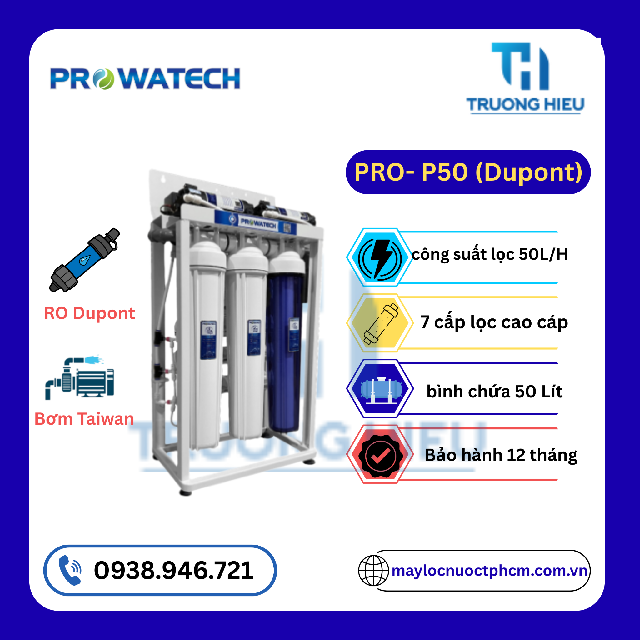 MÁY LỌC NƯỚC BÁN CÔNG NGHIỆP PROWATECH 50L/h (Cấu Hình RO Dupont, Bơm Taiwan)