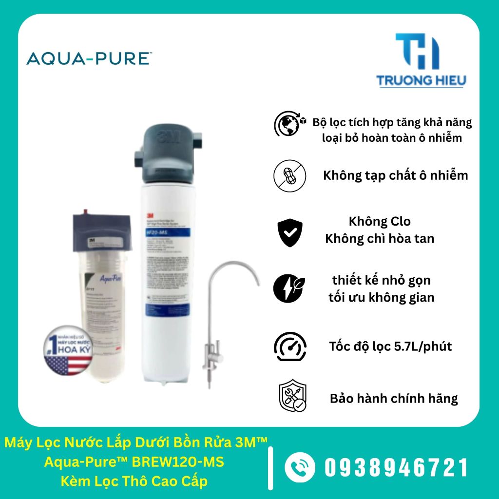 Bộ Sản Phẩm Máy Lọc Nước Lắp Dưới Bồn Rửa 3M™ Aqua-Pure™ BREW120-MS Kèm Lọc Thô Cao Cấp