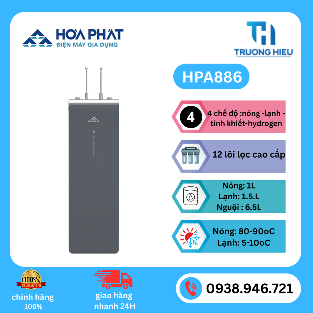 Máy lọc nước Hòa Phát Hydrogen ion kiềm RO nóng lạnh HyperS HPA886