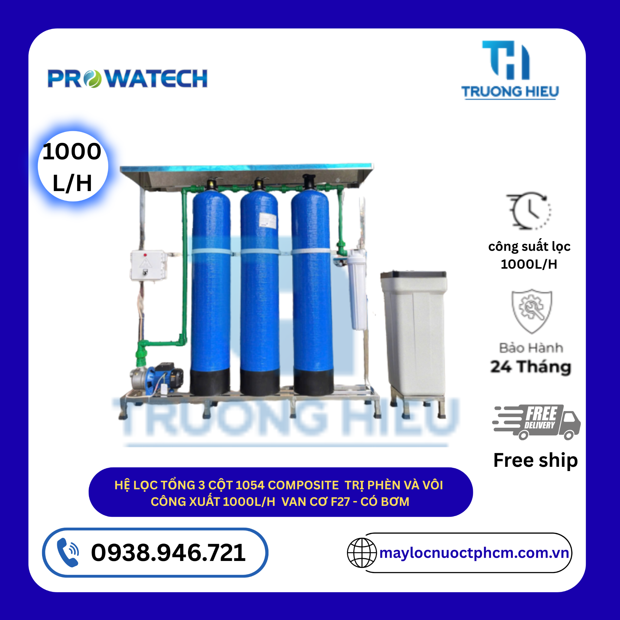 HỆ LỌC TỔNG 3 CỘT 1054 COMPOSITE TRỊ PHÈN VÀ VÔI CÔNG SUẤT 1000L/H VAN CƠ F27 – CÓ BƠM