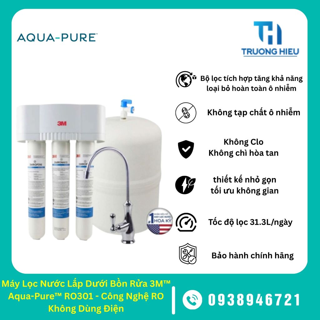 Máy Lọc Nước Lắp Dưới Bồn Rửa 3M™ Aqua-Pure™ RO301 - Công Nghệ RO Không Dùng Điện