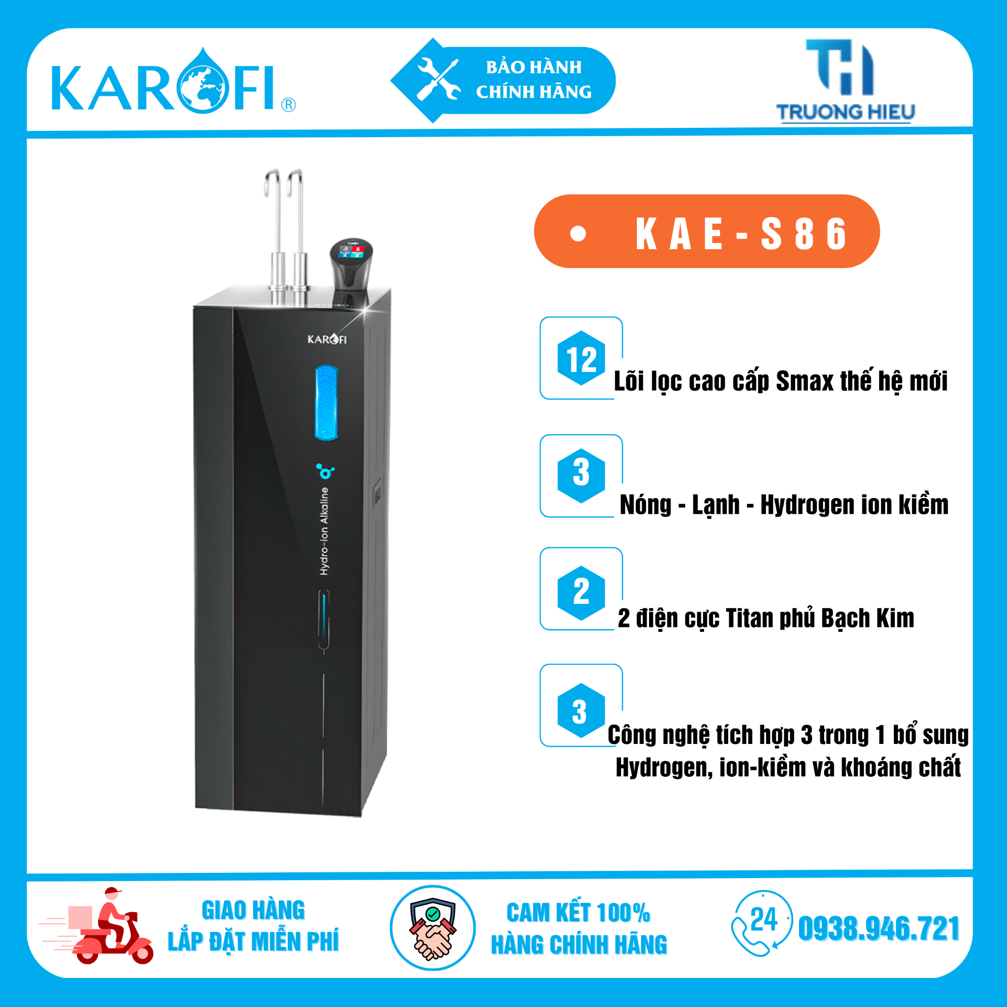 Máy lọc nước nóng lạnh Hydro-ion kiềm Karofi KAE-S86