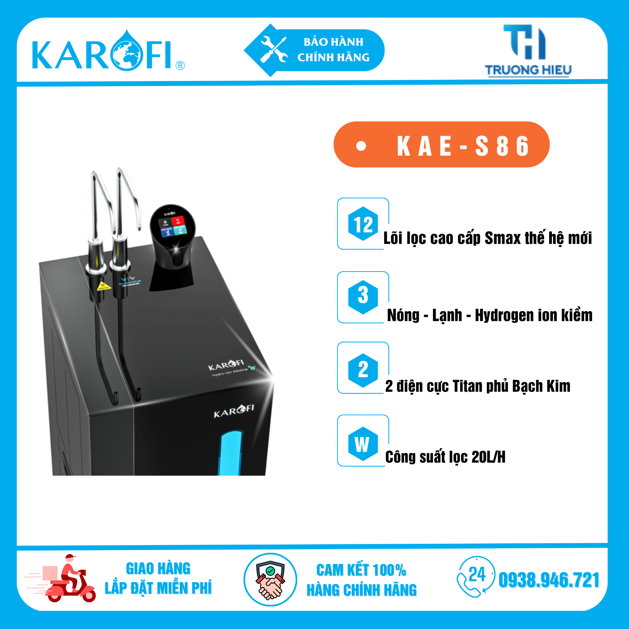 Máy lọc nước nóng lạnh Hydro-ion kiềm Karofi KAE-S86