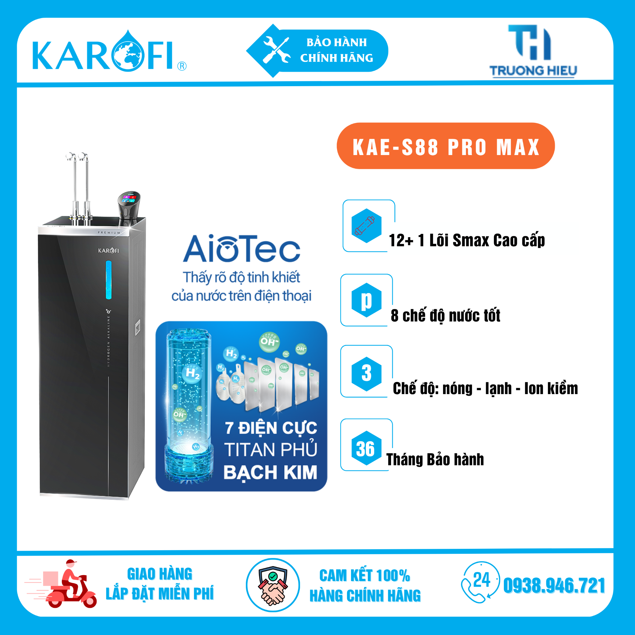 MÁY LỌC NƯỚC NÓNG LẠNH HYDRO-ION KIỀM KAROFI KAE-S88 PROMAX