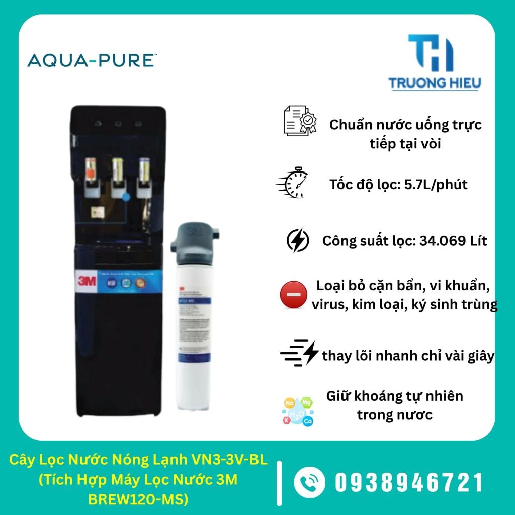 Cây Lọc Nước Nóng Lạnh VN3-3V-BL (Tích Hợp Máy Lọc Nước 3M BREW120-MS)