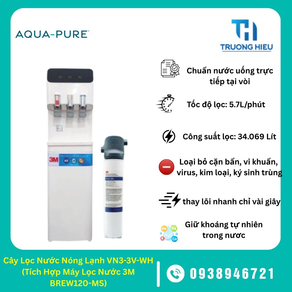 Cây Lọc Nước Nóng Lạnh VN3-3V-WH (Tích Hợp Máy Lọc Nước 3M™ Aqua-Pure™ BREW120-MS)