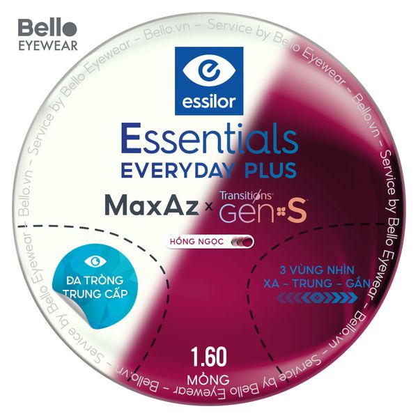  Đa Tròng Trung Cấp Đổi màu Essilor Essentials Everyday Plus Transitions Gen S Hồng Ngọc Ruby 
