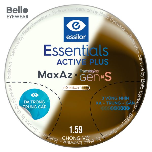  Đa Tròng Trung Cấp Đổi màu Essilor Essentials Active Plus Transitions Gen S Hổ Phách 