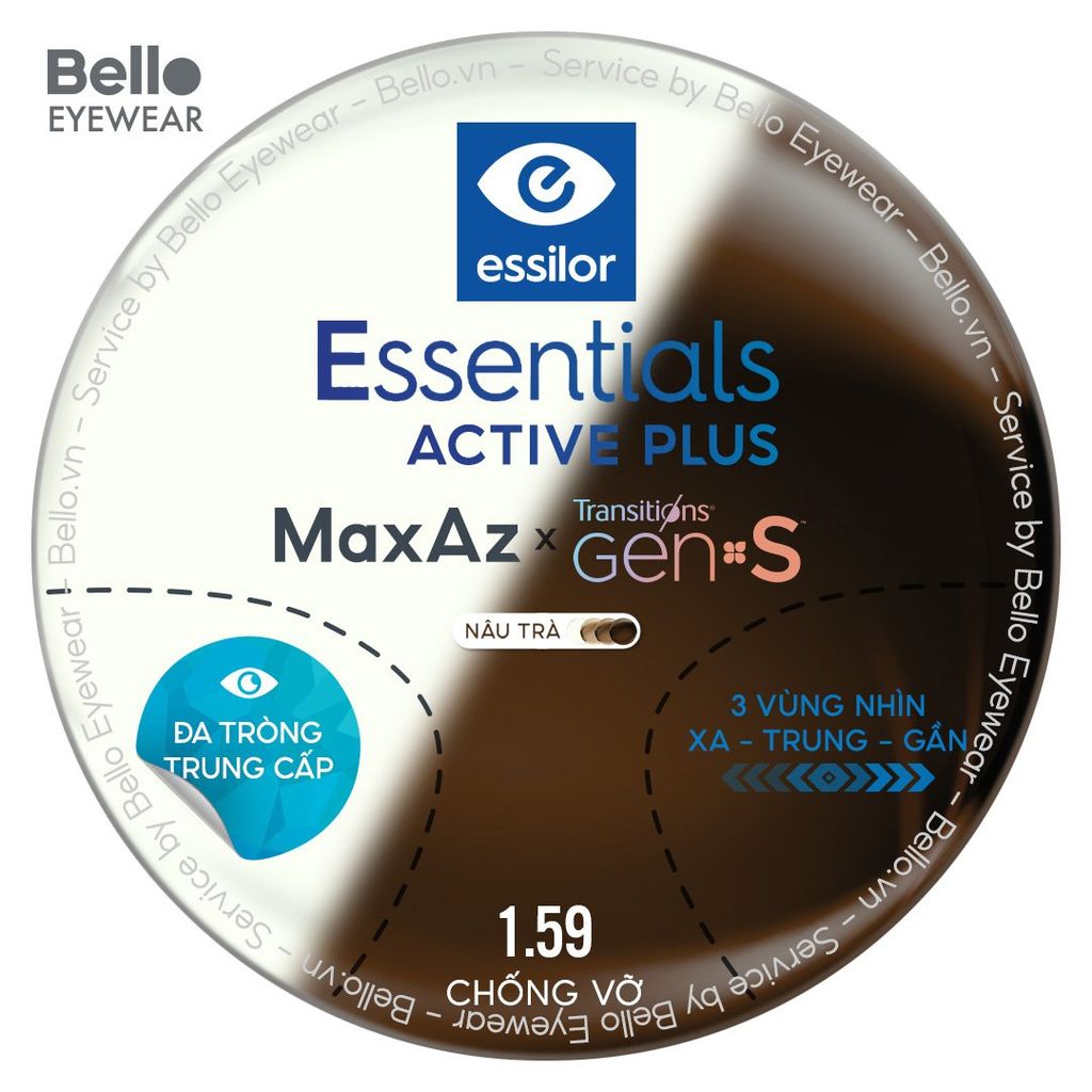  Đa Tròng Trung Cấp Đổi màu Essilor Essentials Active Plus Transitions Gen S Nâu Trà 