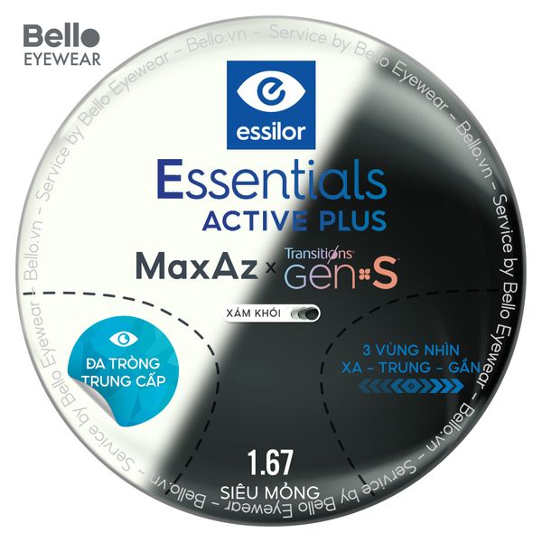  Đa Tròng Trung Cấp Đổi màu Essilor Essentials Active Plus Transitions Gen S Xám Khói 