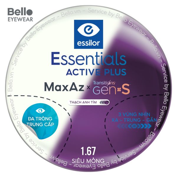  Đa Tròng Trung Cấp Đổi màu Essilor Essentials Active Plus Transitions Gen S Thạch Anh Tím 