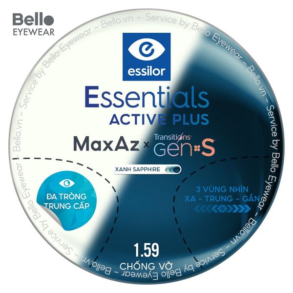  Đa Tròng Trung Cấp Đổi màu Essilor Essentials Active Plus Transitions Gen S Xanh Biển Sapphire 