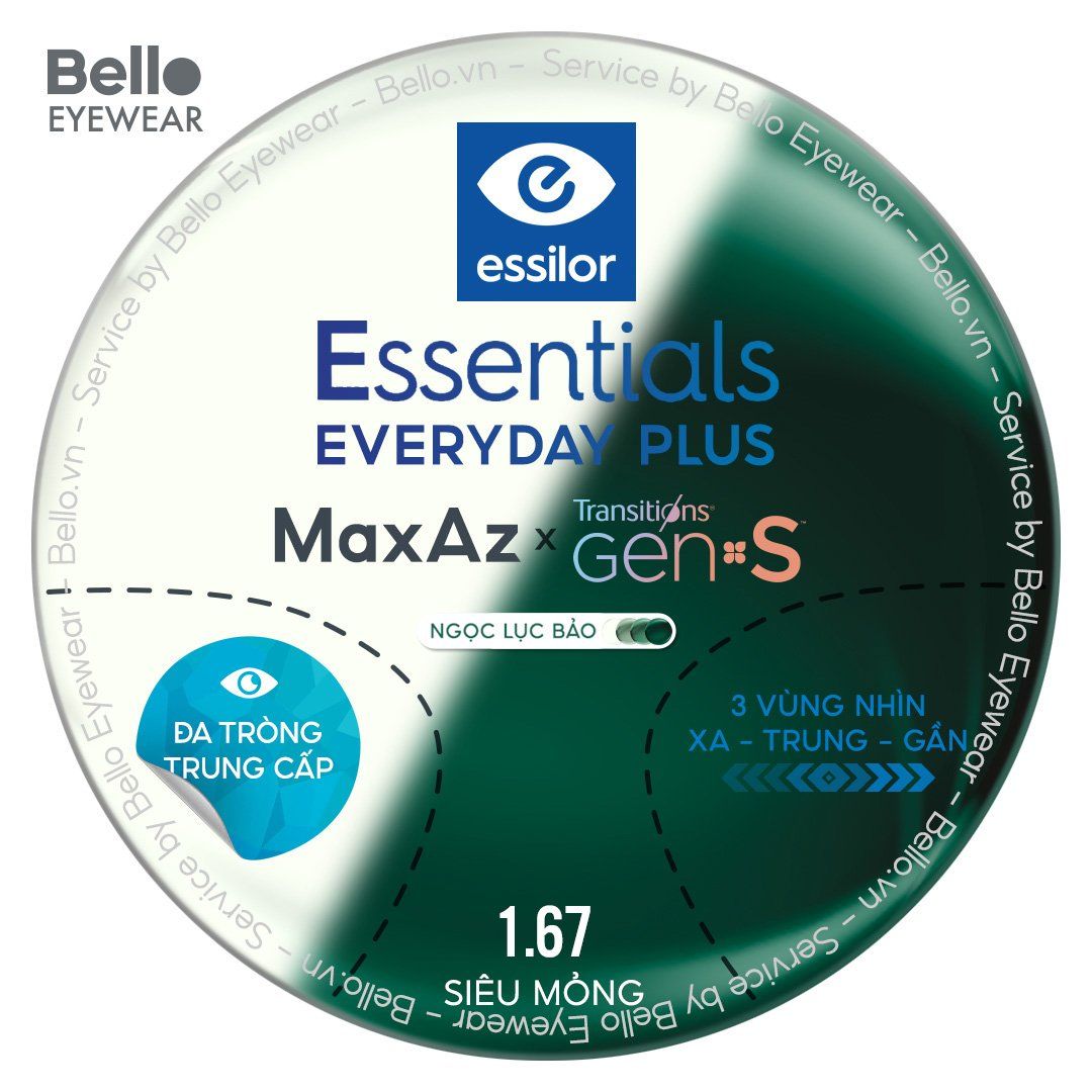  Đa Tròng Trung Cấp Đổi màu Essilor Essentials Everyday Plus Transitions Gen S Ngọc Lục Bảo 