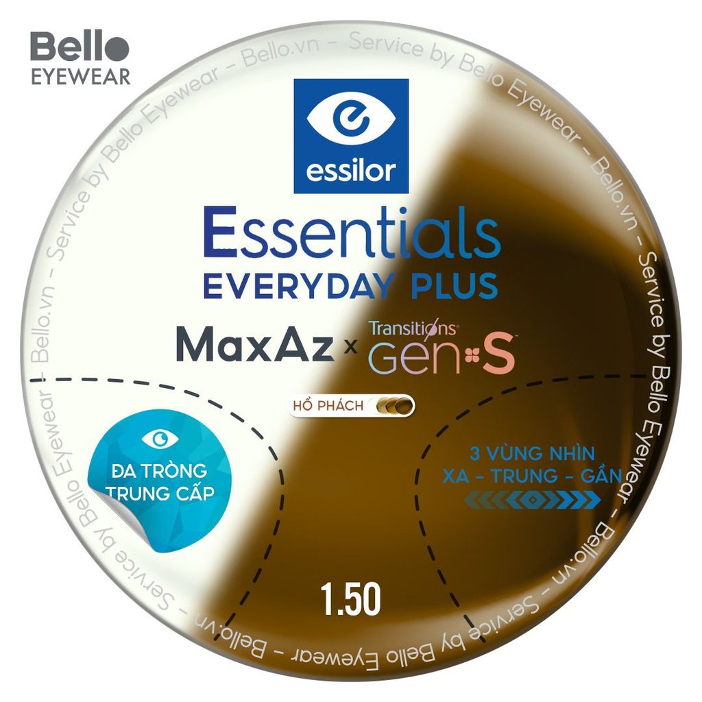  Đa Tròng Trung Cấp Đổi màu Essilor Essentials Everyday Plus Transitions Gen S Hổ Phách 