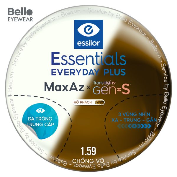  Đa Tròng Trung Cấp Đổi màu Essilor Essentials Everyday Plus Transitions Gen S Hổ Phách 