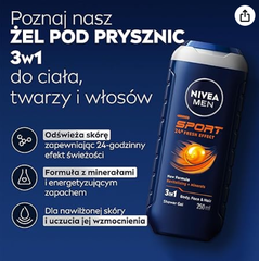 NIVEA MEN 3in1 - Pflegedusche Sport - Sữa tắm gội thể thao tiếp thêm sinh lực, 250ml