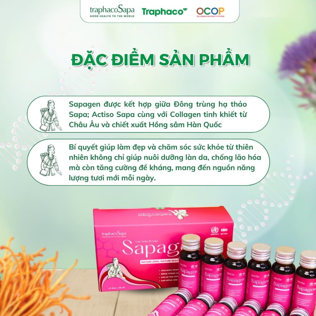  Nước Uống Collagen Thủy Phân SAPAGEN - TRAPHACOSAPA hộp 12 chai 50ml 