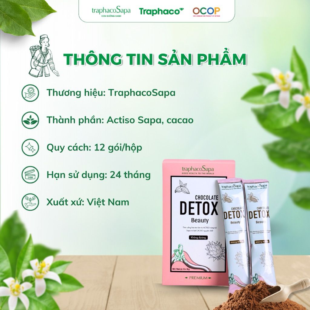  Bột Cacao Chocolate Detox Không Đường TRAPHACOSAPA OCOP 4 SAO Thanh Lọc Cơ Thể Hộp 12 Gói 