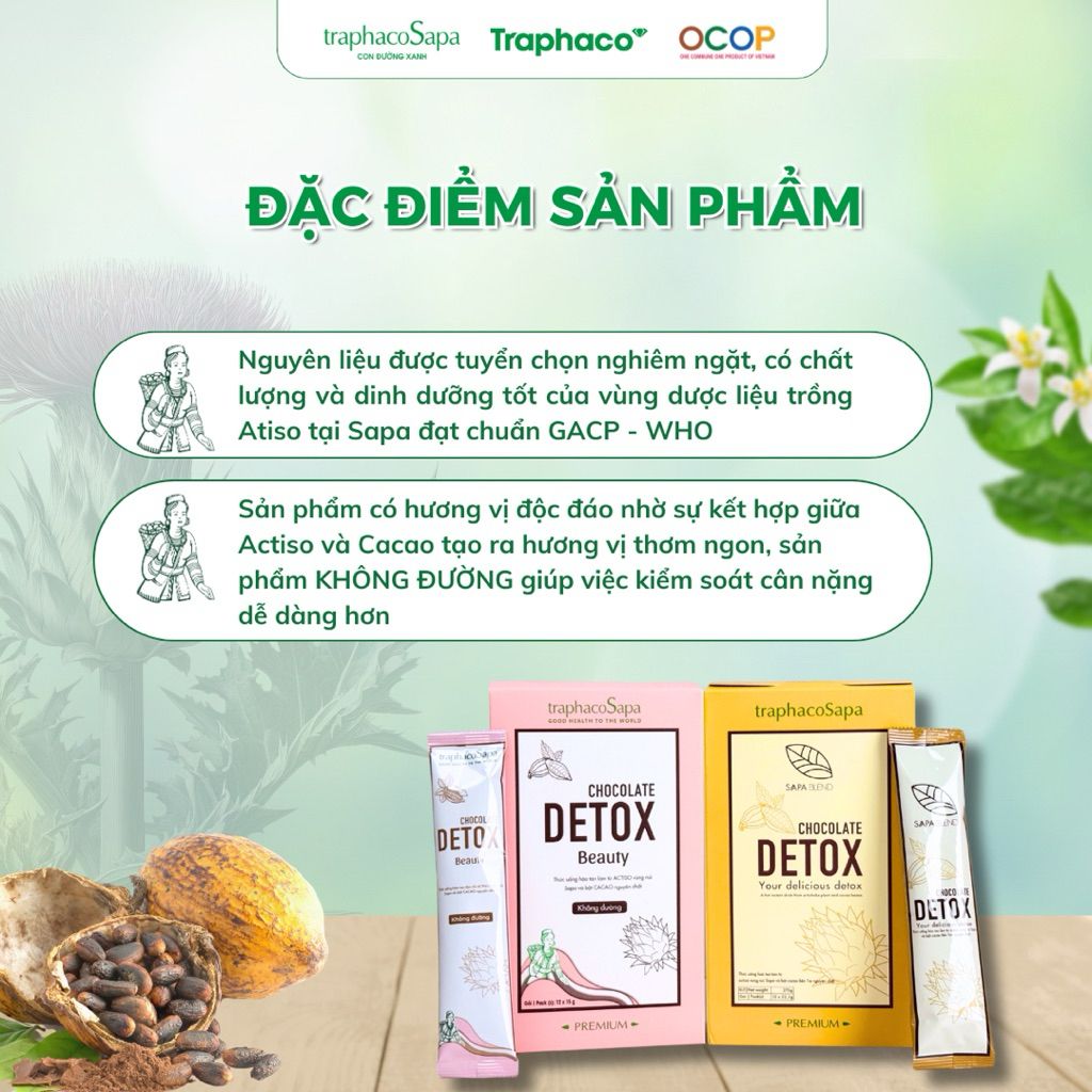  Bột Cacao Chocolate Detox Không Đường TRAPHACOSAPA OCOP 4 SAO Thanh Lọc Cơ Thể Hộp 12 Gói 