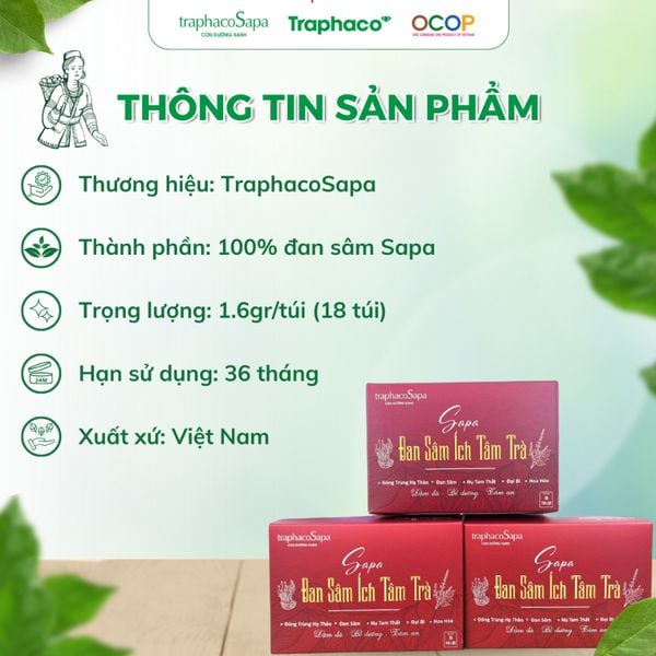  Trà Túi Lọc Đan Sâm Ích Tâm Sapa TRAPHACO SAPA Hỗ Trợ Dưỡng Tâm, Dưỡng Huyết Hộp 18 Túi 