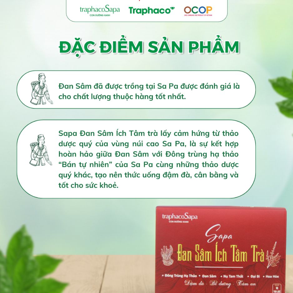  Trà Túi Lọc Đan Sâm Ích Tâm Sapa TRAPHACO SAPA Hỗ Trợ Dưỡng Tâm, Dưỡng Huyết Hộp 18 Túi 