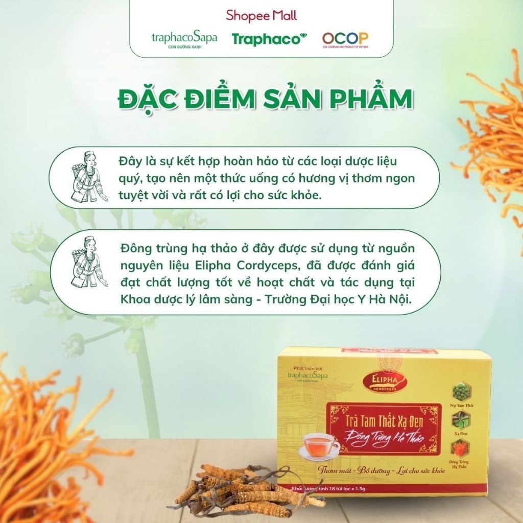  [COMBO 3 HỘP] Trà Túi Lọc Đông Trùng Hạ Thảo Tam Thất Xạ Đen TRAPHACOSAPA Hộp 18 Túi Lọc 