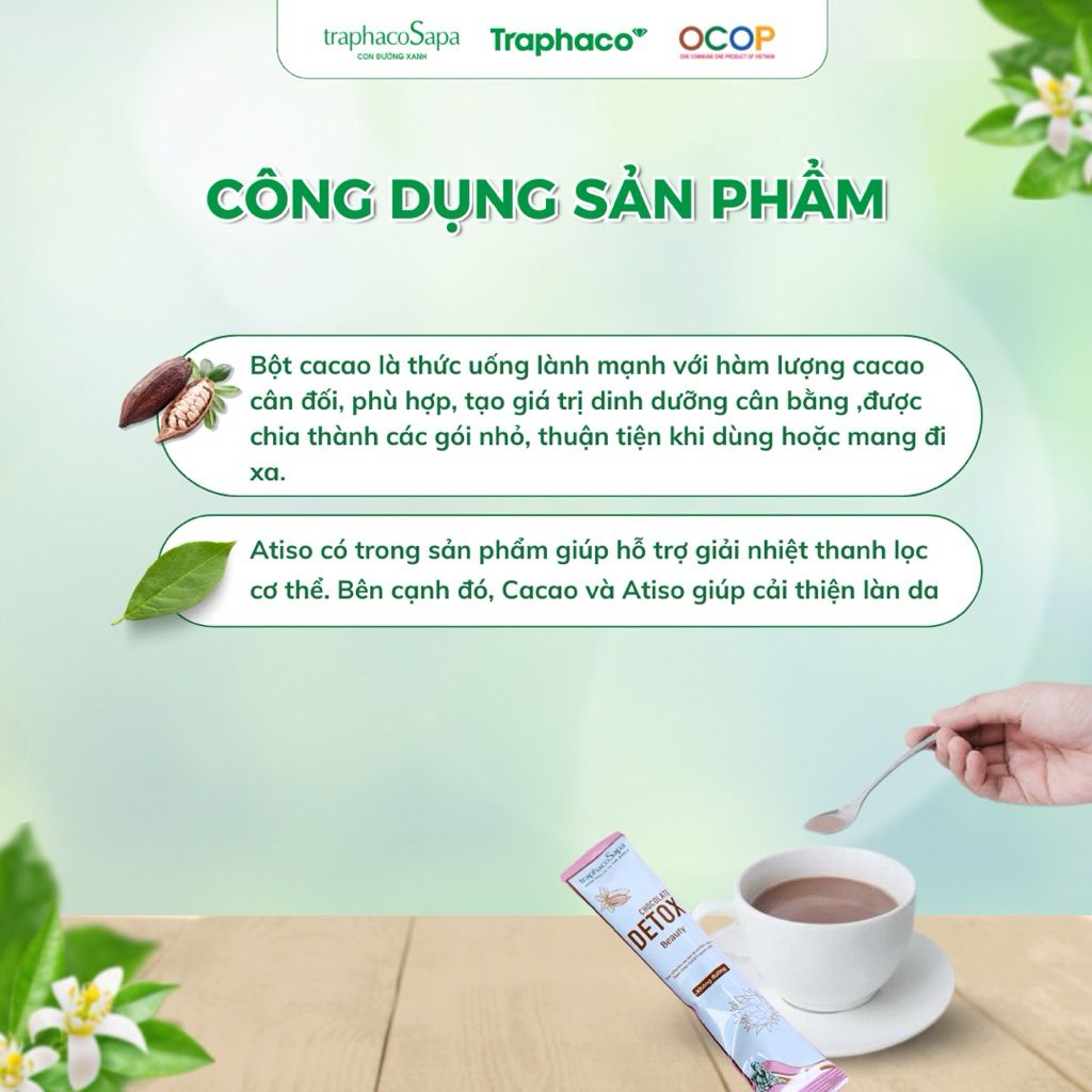  Bột Cacao Chocolate Detox Không Đường TRAPHACOSAPA OCOP 4 SAO Thanh Lọc Cơ Thể Hộp 12 Gói 
