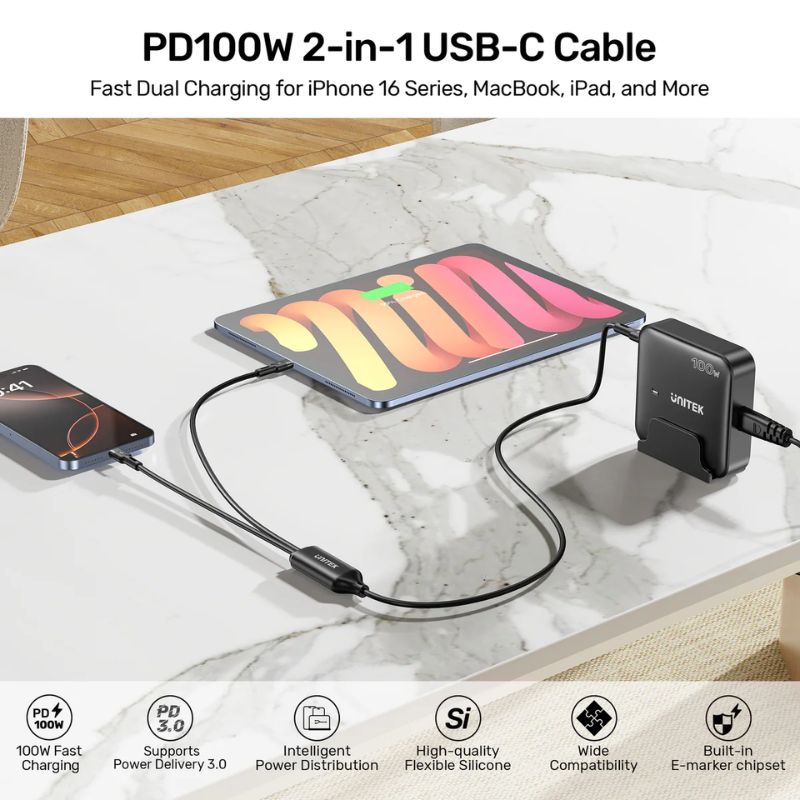 Cáp USB C 2 in 1 UNITEK Hỗ Trợ Sạc Nhanh PD 100W (Data 5Gbps)