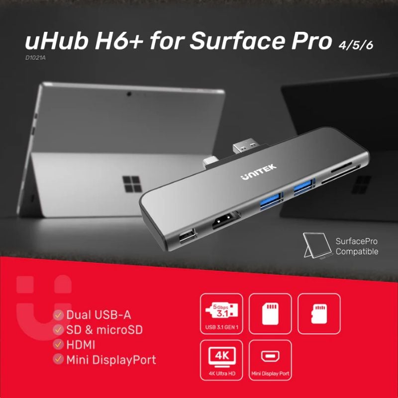 Hub UNITEK uHUB H6+ 6 in 2 Chuyên Dụng Cho Surface Pro (Dual Monitor + Đầu Đọc Thẻ)