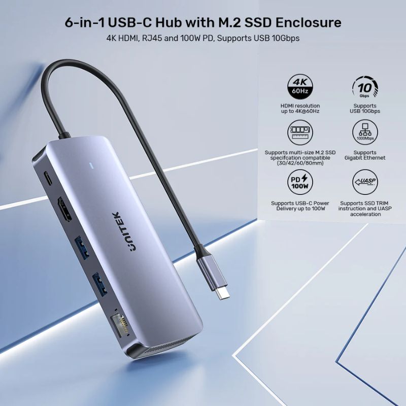 Hub USB C UNITEK 6 in 1 Kèm Hộp SSD M.2 NVMe/SATA (4K 60Hz + PD 100W)
