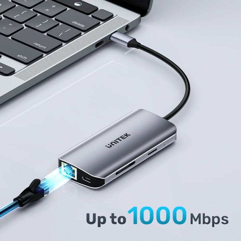 Hub USB C UNITEK 8 in 1 (HDMI 4K 60Hz + LAN Gigabit + PD 100W)