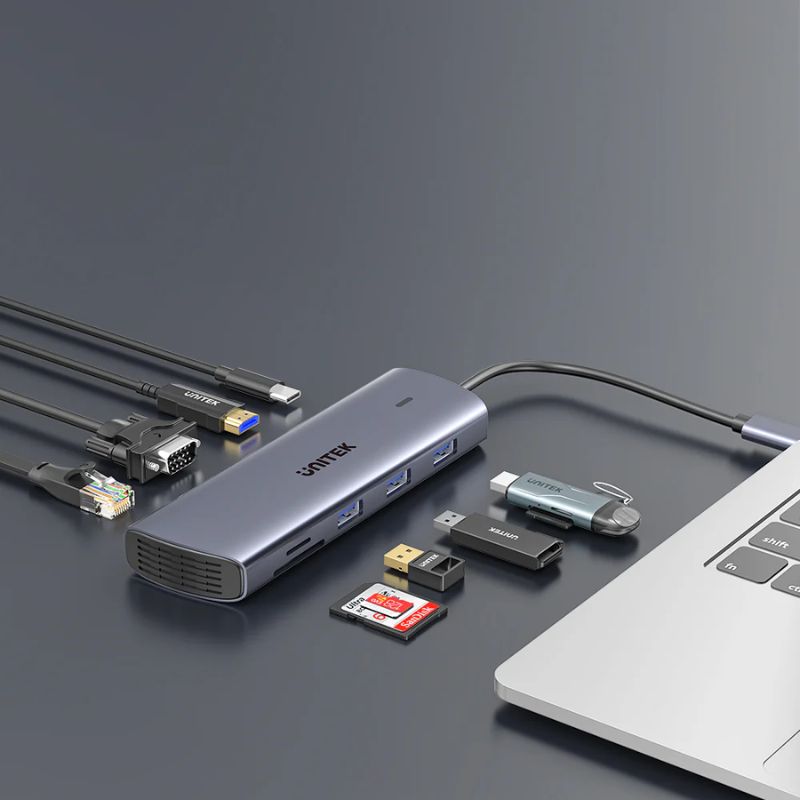 Hub USB C UNITEK 9 in 1 (Dual Display 4K + LAN Gigabit + PD 100W)