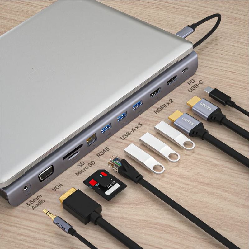 Hub USB C UNITEK uHUB 11 11 in 1 (3 Màn Hình 4K + LAN Gigabit + PD 100W)